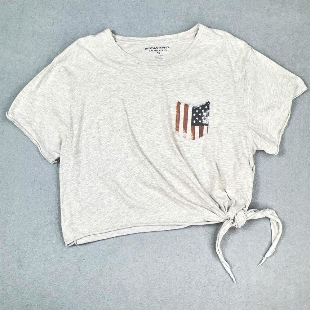 Denim & Supply Ralph Lauren T Shirt Womens M Gray USA Flag Pocket Tie Front Crop